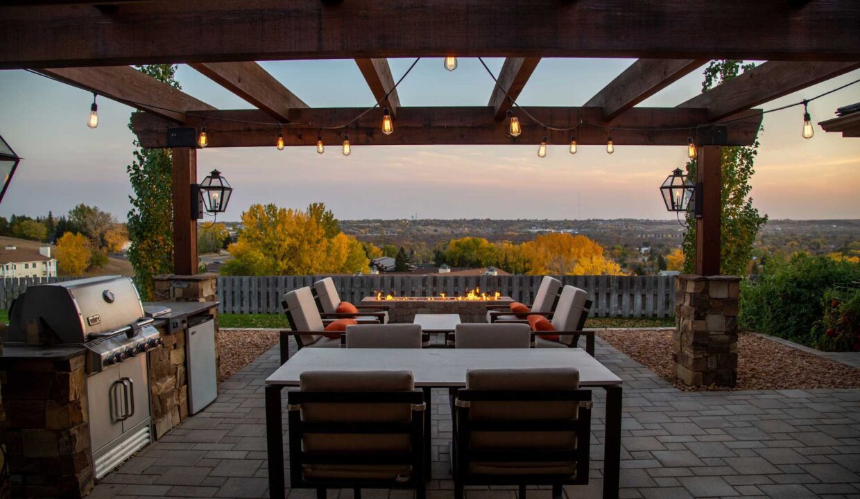 outdoor dining patio in sunset