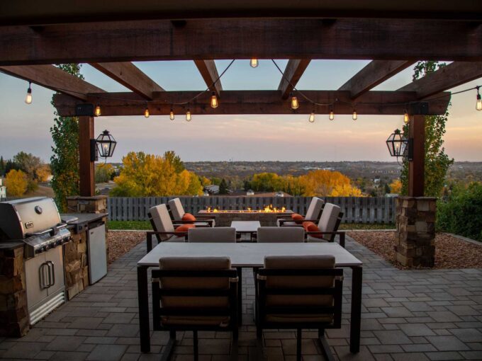 outdoor dining patio in sunset